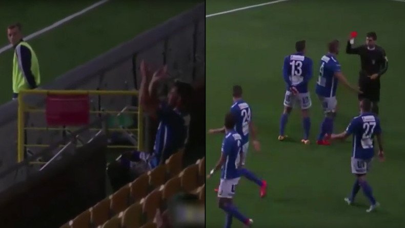 Footballer sent off for applauding self from stands after bagging hat-trick (VIDEO)