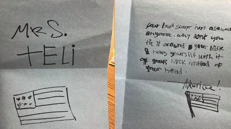 ‘Hang yourself by your headscarf’: US student pens anonymous note to Muslim teacher