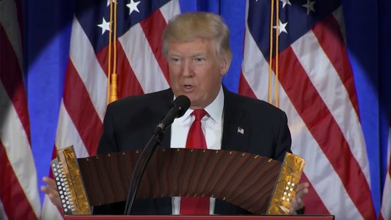 Trump ‘plays’ accordion while discussing Russian hacking & Mexico wall in satirical video
