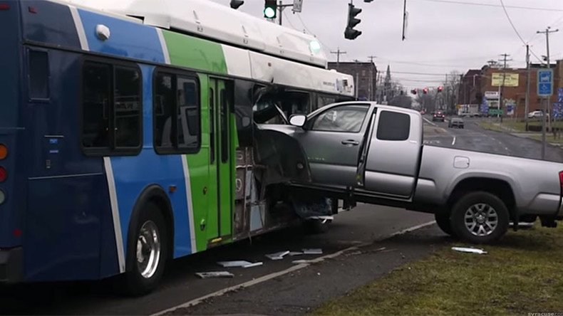 Moment truck violently smashed into bus captured by onboard cameras (VIDEO)