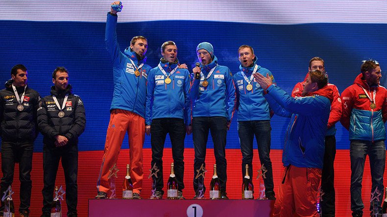 Russian biathletes sing anthem a cappella after blooper at world cup (VIDEO)