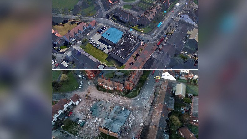 ‘Like a war zone’: Drone footage reveals scale of devastation after Wirral explosion (VIDEOS)