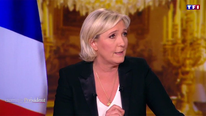 ‘I want to lead France, not Europe’: Le Pen demands removal of EU flag for TV interview