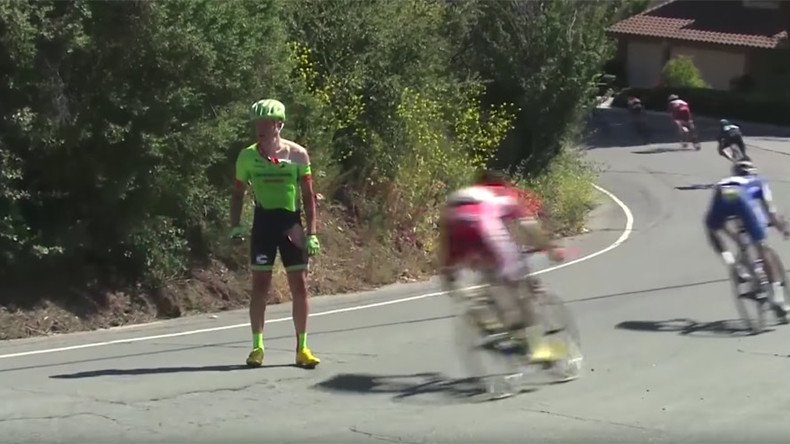 Concussed cyclist narrowly avoids deadly collision with riders on Tour of California (VIDEO)