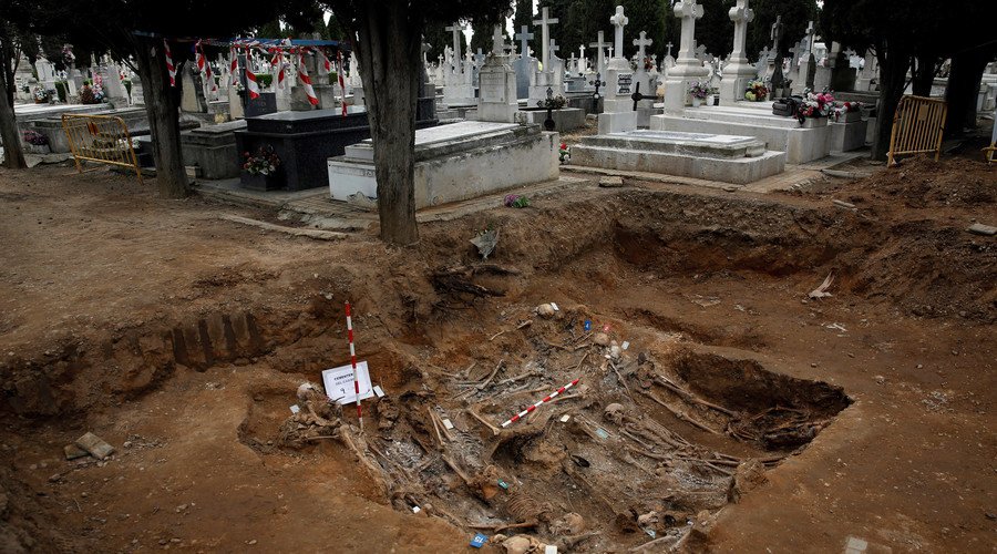The remains of bodies during the exhumation of the one of the three mass graves that contain in total the remains of around 200 bodies believed to have been killed by Spain's late dictator Francisco Franco's forces during the civil war, at El Carmen'