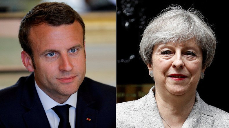 Tale of two leaders: victorious Macron meets enfeebled May 
