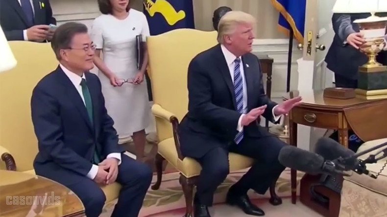 ‘You guys are getting worse’: Trump almost hit by lamp in chaotic photo op (VIDEO)
