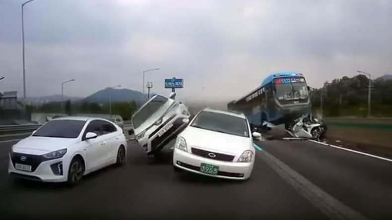 Out-of-control bus crushes car in horrific motorway pile-up (VIDEO)