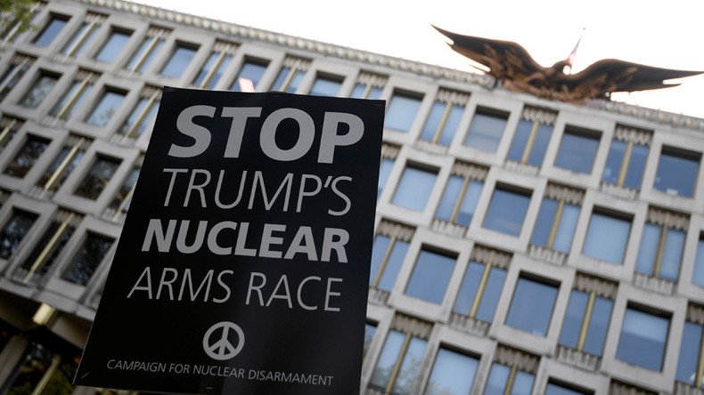 ‘De-escalate’ North Korea conflict, protesters tell Trump at London US Embassy
