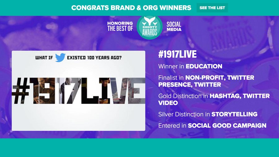 Best in Education, Best use of Hashtag: RT’s #1917LIVE wins big at 10th Shorty Awards