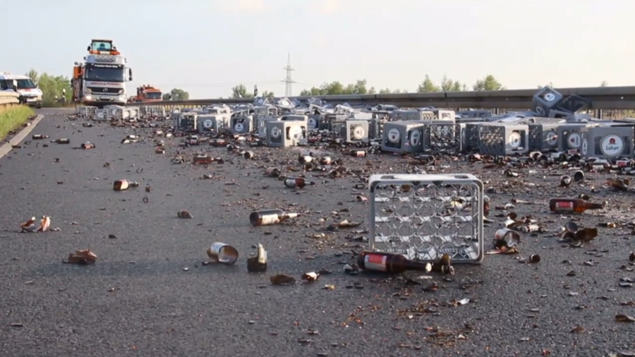 Brew must be joking! 350 beer crates spill on German motorway (VIDEO)