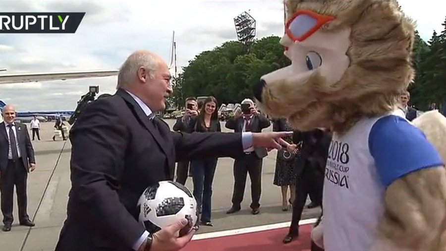 'You are a goalie': Belarus President Lukashenko plays football with Zabivaka upon arrival in Russia