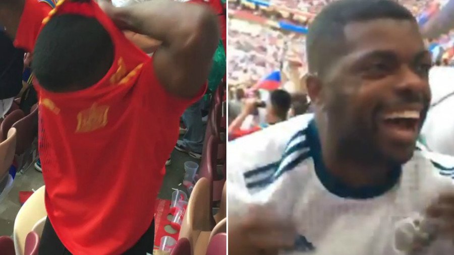 Spain supporter switches allegiances, puts on Russian jersey following stunning shootout (VIDEO)