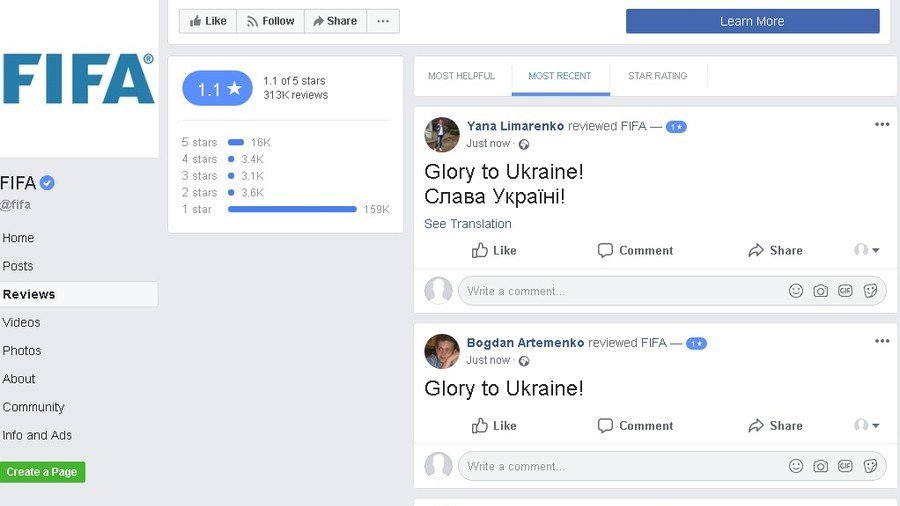 FIFA Facebook page flooded with negative ratings and ‘Glory to Ukraine’ comments