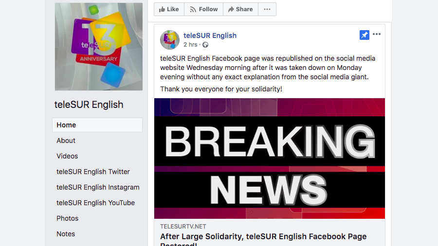 Facebook restores Telesur page with vague explanation of controversial block