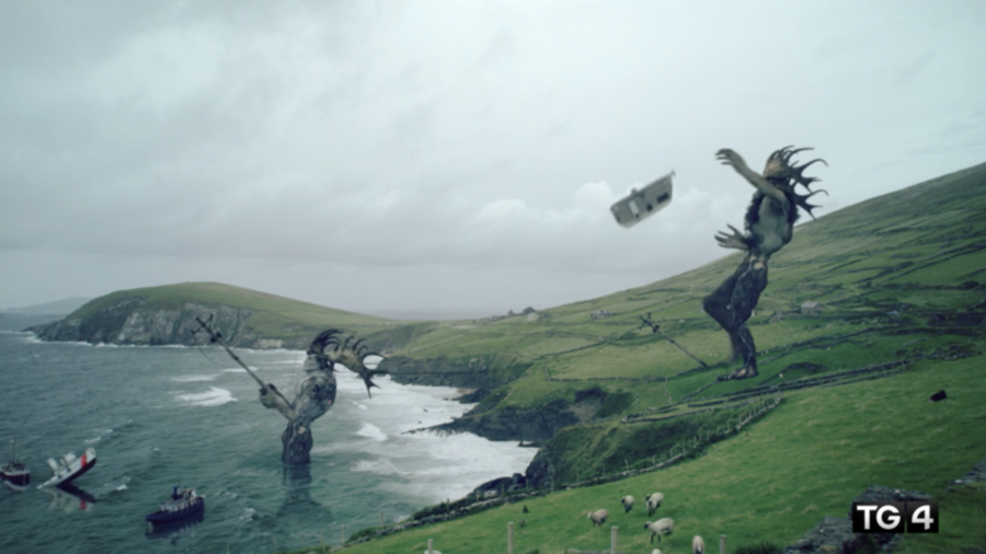 Irish TV shows monster kicking caravan into sea before news segment on fatal caravan cliff-fall