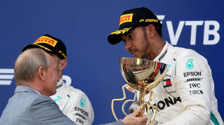 ‘I won’t spray you with champagne this time’: Hamilton & Putin share joke at Russian Grand Prix 