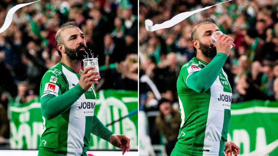 Swedish footballer scores stunner, then catches beer and drinks it while celebrating! (VIDEO)