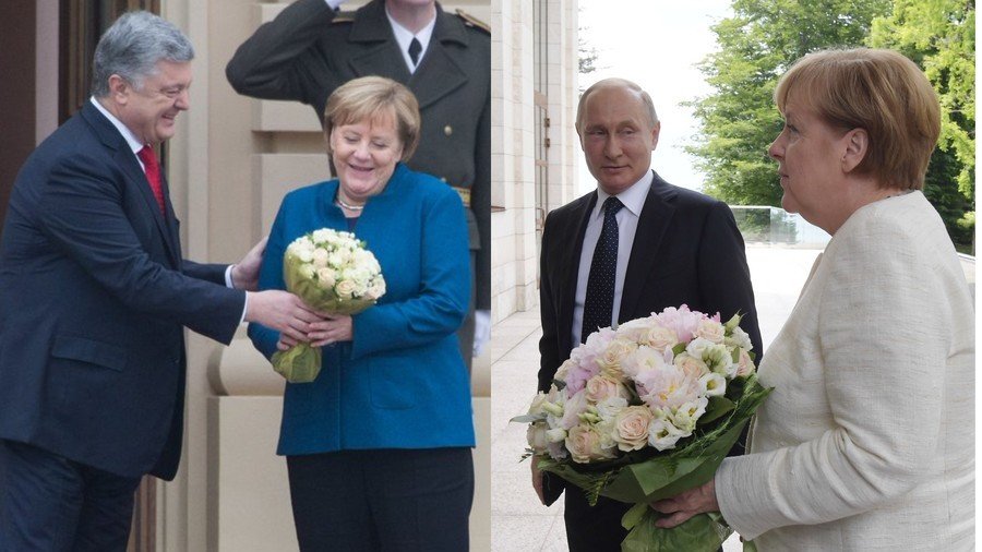 Flower power battle? Twitter abuzz as Poroshenko takes leaf out of Putin’s book with Merkel bouquet