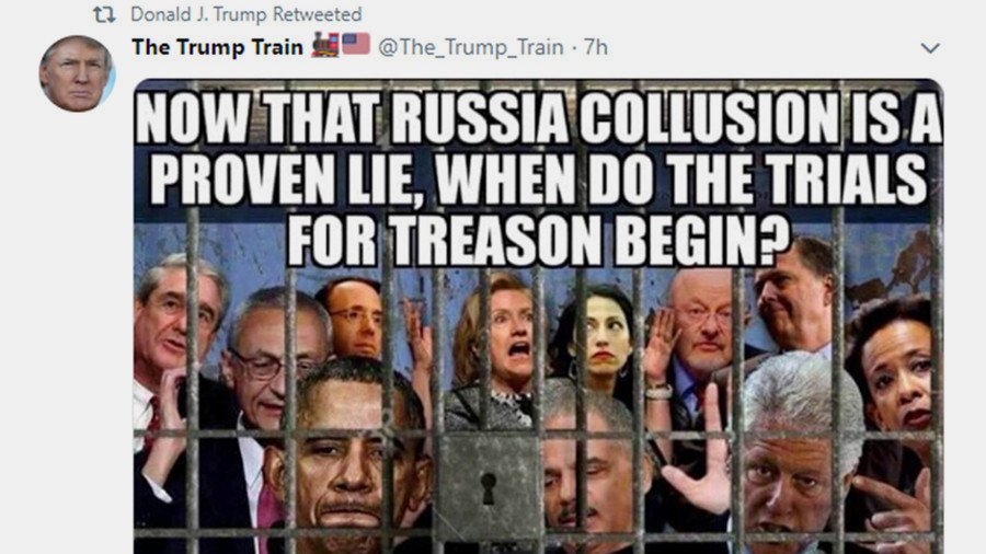 Trump retweets image of US deputy attorney general among others jailed 'for treason'