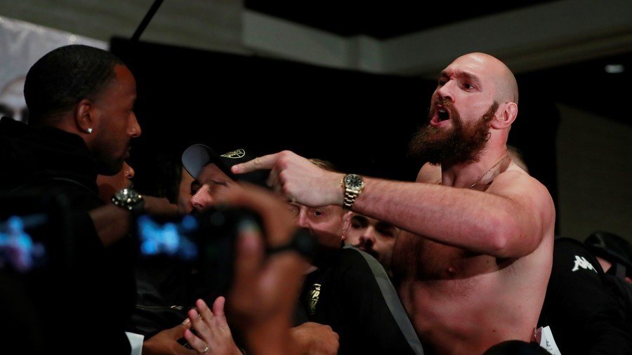 Tempers flare as shirtless Tyson Fury & Deontay Wilder clash at fiery LA presser (VIDEO, PHOTOS)