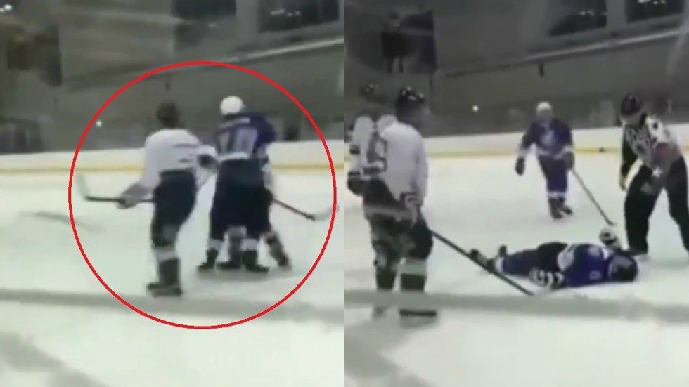 Instant karma Amateur league hockey player jumps on opponents, gets KNOCKED OUT COLD (VIDEO