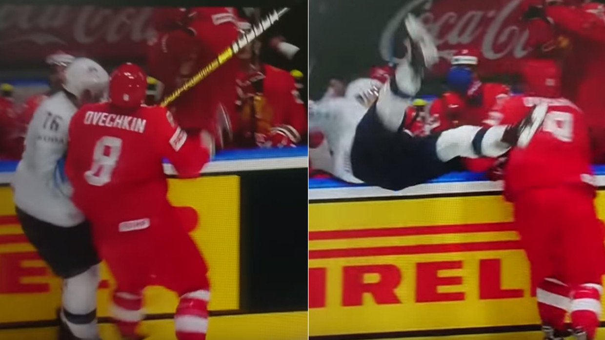 Russian hockey coach gets swept up in bench brawl, loses shirt