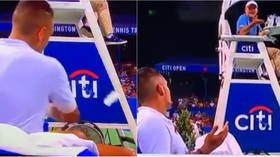 ‘It slipped out of my hand!’ Tennis bad boy Kyrgios hurls water bottle at umpire’s chair (VIDEO)