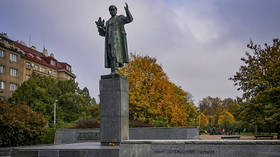 Protest in Prague after statue of Soviet ‘liberator’ Marshal Konev is hidden with tarpaulin
