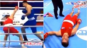 ‘Brutal & criminal’: Amateur boxer leaves ring on stretcher after being KO’d by pro fighter in Russia (VIDEO)