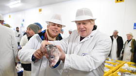 Protesters don Andrew Neil masks to TAUNT BoJo at fish market campaign stop