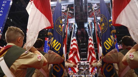  A Boy Scouts color guard heads onto the floor at the Republican National Convention in Cleveland, Ohio.