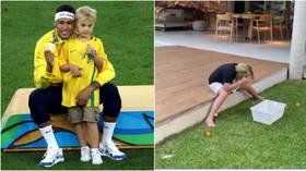 Egg on his face: Prankster Neymar TROLLS son Davi Lucca by fooling eight-year-old into smashing an EGG over his head (VIDEO)