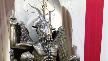 A bronze statue of Baphomet at the Satanic Temple in Salem, Massachusetts, September 22, 2016.