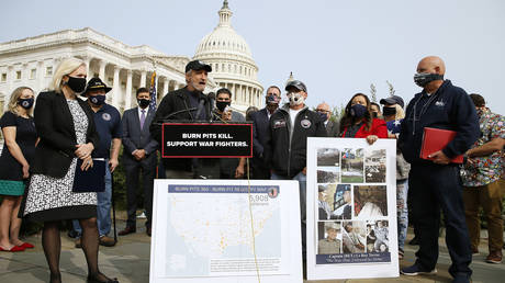 FILE PHOTO: Comedian and writer Jon Stewart (C) speaks at a press conference on "The Presumptive Benefits for War Fighters Exposed to Burn Pits and Other Toxins Act of 2020" at the House Triangle on September 15, 2020 in Washington, DC