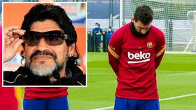 Paying his respects: Lionel Messi joins Barcelona teammates in moment of silence to honor Diego Maradona
