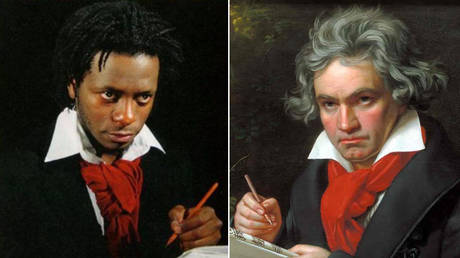 (L) Terry Adkins' interpretation of Beethoven © Facebook / BOZARbrussels; (R) Beethoven 1820 portrait © Wikipedia
