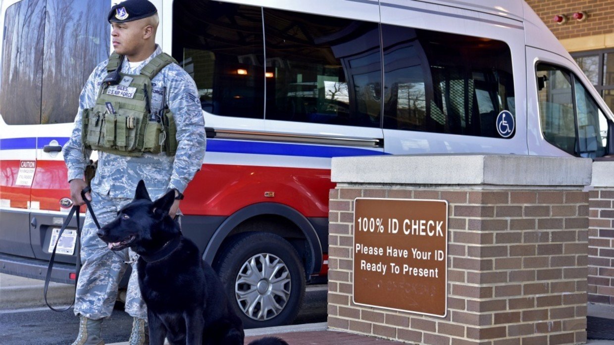 Main gate of Joint Base Andrews (March 2019 file photo) in Maryland