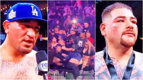 ‘So cringe’: Punter punch-ups shame boxing as fans brawl during fight... before Arreola swears at judges over Ruiz Jr loss (VIDEO)