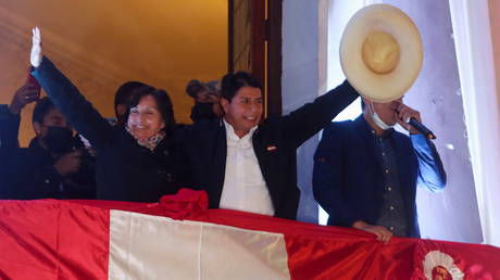 Pedro Castillo celebrates after Peru's electoral authority announced him as the winner of the presidential election, in Lima, Peru on July 19, 2021.