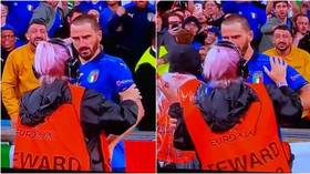 Stew are ya?! Italy star Bonucci BLOCKED by steward after celebrating with fans in hilarious Euro 2020 scenes (VIDEO)