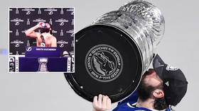 Topless NHL star swigs beer during epic press call rant as he hails fellow Russian who grabbed MVP after Stanley Cup glory (VIDEO)