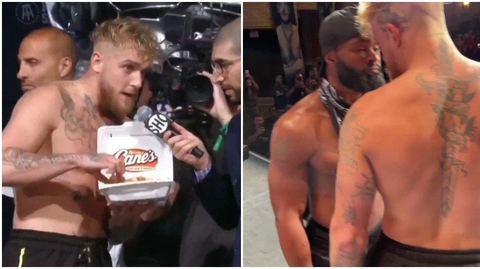 Jake Paul taunts Tyron Woodley with fried chicken, almost sparks brawl after failed weighin