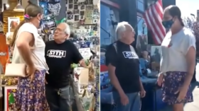 Elderly shopowner is confronted by transgender councillor over his sign reading, ‘If you’re born with a d**k, you’re not a chick’
