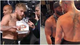 Jake Paul taunts Tyron Woodley with fried chicken, almost sparks brawl after failed weigh-in ‘gotcha hat’ attempt (VIDEO)