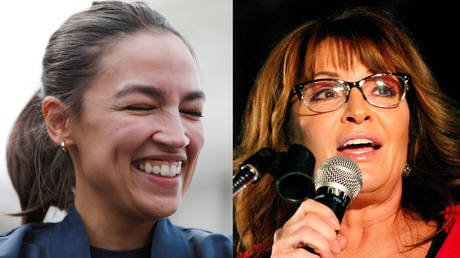 (Right) Former vice-presidential candidate Sarah Palin  REUTERS/Tami Chappell
(Left) U.S. Representative Alexandria Ocasio-Cortez (D-NY)  REUTERS/Gabrielle Crockett
