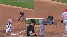 ‘Never seen this in my life’: Baseball umpire left bloodied after taking brutal throw to the head (VIDEO)