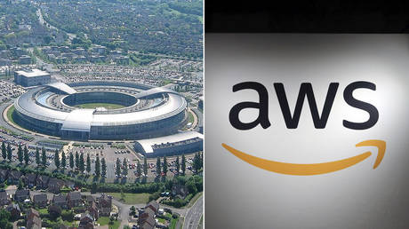 (L) The headquarters of GCHQ  Wikipedia; (R) The logo of Amazon Web Services (AWS)  REUTERS / Ivan Alvarado