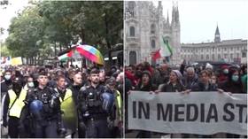 ‘We don’t want it’: Thousands rally against mandatory Covid-19 health pass in Paris & Milan (VIDEOS)