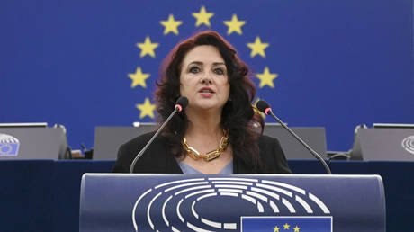 European Commissioner for Equality Helena Dalli delivers a speech at the European Parliament in Strasbourg. October 20, 2021.  AFP / Frederick Florin
